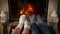 Legs of couple in woolen socks heat up near fireplace