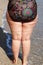 Legs of a curvy woman with cellulite in a swimsuit, back view close up