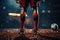 Legs of a football player in the stadium next to the sword. Atmospheric bokeh in the background. World Cup concept