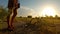 Legs of girl in mini skirt on old overgrown road near dry branch rays of sunset