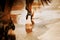 The legs of a horse with a long tail, which steps with its hooves on the water surface of a puddle on an autumn cloudy day.