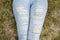 Legs of jeans are patterned