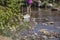 Legs of little girl wading in a rocky creek out of focus with greenery on bank in full focus and reflection of her pink shirt with