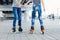 legs loving couple in jeans and rollerblading. ride on the rolle