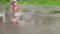 Legs of a runner in sneakers. Sports woman jogging outdoors, stepping into muddy puddle. Single runner running in rain