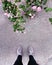 Legs of a teenager on the background of roses and asphalt