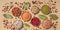 Legumes assortment, overhead panoramic shot on a brown background