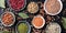 Legumes assortment panorama, overhead shot on a dark background