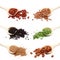 Legumes collage in spoon on white background