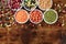 Legumes, overhead flat lay shot on a dark rustic wooden background