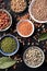 Legumes variety, overhead shot on a black background. Lentils, soybeans, chickpeas, red kidney beans