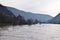 Lehmen, Germany - 01 18 2023:  Mosel flood with a cargo ship