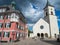 Leibstadt, Germany - May 28th 2022: Historic village square with church in afternoon sunlight