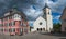 Leibstadt, Germany - May 28th 2022: Historic village square with church in afternoon sunlight