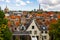 Leiden cityscape with residential buildings, Church of St. Mary and chimney of power station