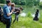 Leipzig, Saxonia ,Saxony, Germany - June 03 2022: Female gothic model poses for many paparazzi photographers at victorian picnic,