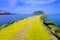 Lekeitio village with San Nicolas island and pier with moss