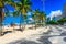 Leme beach and Copacabana beach with palms and mosaic of sidewalk in Rio de Janeiro