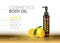 Lemon body oil realistic bottles. Vector Mockup 3D illustration. Cosmetic package ads template. Lemon fruit detailed 3d