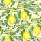Lemon branches with fruits and white flowers on soft yellow background