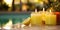 Lemon candles by the pool. Romantic mood. Generative AI