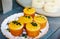 Lemon cupcakes with lemon green leave, group of bakery cupcake and other cake, selective focus