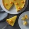 Lemon curd pie. Piece, slice of homemade delicious pie ,tart filled with lemon curd. Sweet dessert. Lemon curd pie decorated with