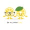 Lemon cute smile character. Cartoon yellow fruits in glasses card and hat, which hold hands card