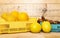 lemon and dates on plastic baskets.