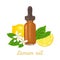 Lemon essential oil. Amber glass dropper bottle, fragrant flowers