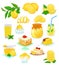 Lemon food vector lemony yellow citrus fruit and fresh lemonade or natural juice illustration set of lemon cake with jam