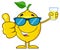 Lemon Fresh Fruit With Green Leaf Cartoon Mascot Character With Sunglasses Holding A Glass Of Lemonade And Giving A Thumb Up