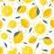 Lemon fruits and slice seamless pattern with gray leaves and sparkling on white background. citrus fruits