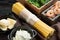 Lemon Garlic Cheese Shrimp with Spaghetti Ingredients classic recipe, on old dark  wooden table background