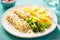 Lemon herb thyme seasoned chargrills with broccoli and potato chips