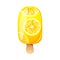 Lemon ice cream, fruit popsicle on a wooden stick with lemon pieces. Summer cold dessert, frozen juice, fruit ice.