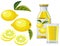 Lemon juice with bottle, glass and lemons