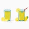 Lemon juice in a glass with lemon slice and half. Natural fresh citrus drink with straw and ice cube. Lemonade. Vector.