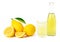 Lemon juice with pile of yellow lemon lime fruits .