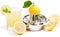 Lemon juice, squeezer and fruits