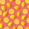 Lemon and lemon slice fruit pattern on a living coral color background