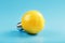 Lemon light bulb on a blue background. The fruit of a lemon with base from the bulb E27