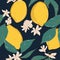 Lemon on navy contrast background. Vector hand-drawn fruit pattern with flowers and leaves. Organic botanical pattern. Juice