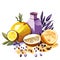 Lemon oil with lemons and lavender. Vector illustration. AI Generated