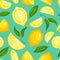 Lemon pattern. Lemonade exotic yellow juicy fruit with leaves illustration or wallpaper vector seamless background