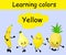 Lemon, pineapple, pear and banana. Fruits are yellow. Card for children. Learn colors. Yellow. The characters are funny and cute.