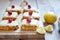 Lemon portion cakes decorated with raspberry and lemon zest