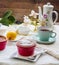 Lemon pudding red saucers, tea, english dessert