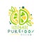 Lemon pure 100 percent original design logo, natural healthy product badge, fresh citrus beverage colorful hand drawn