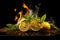 Lemon and rosemary on a black background with fire and smoke, Ignite your taste buds with a flaming lemon-infused culinary